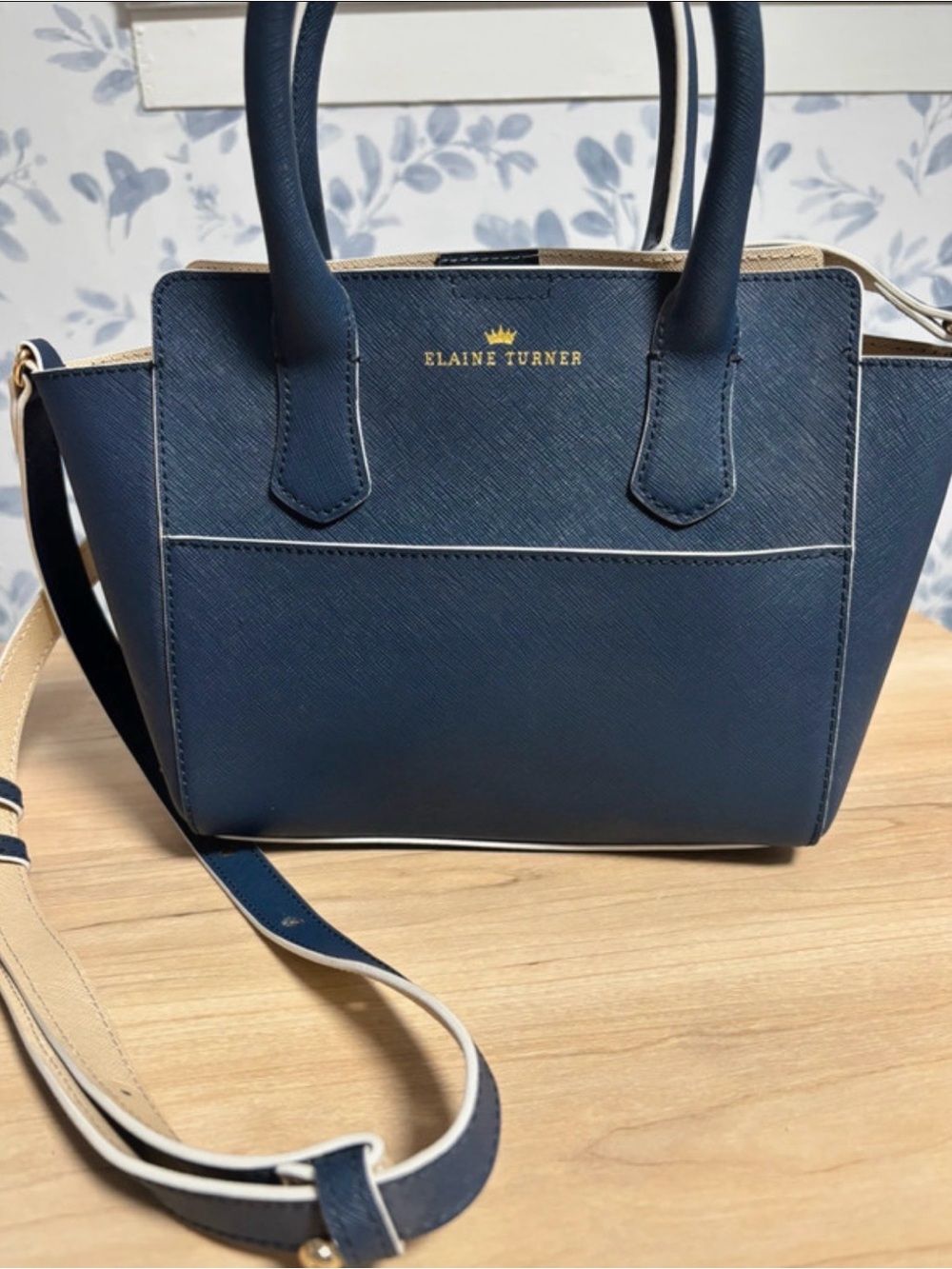 Elaine Turner Navy Crossbody Saffiano Tote with Cream Trim